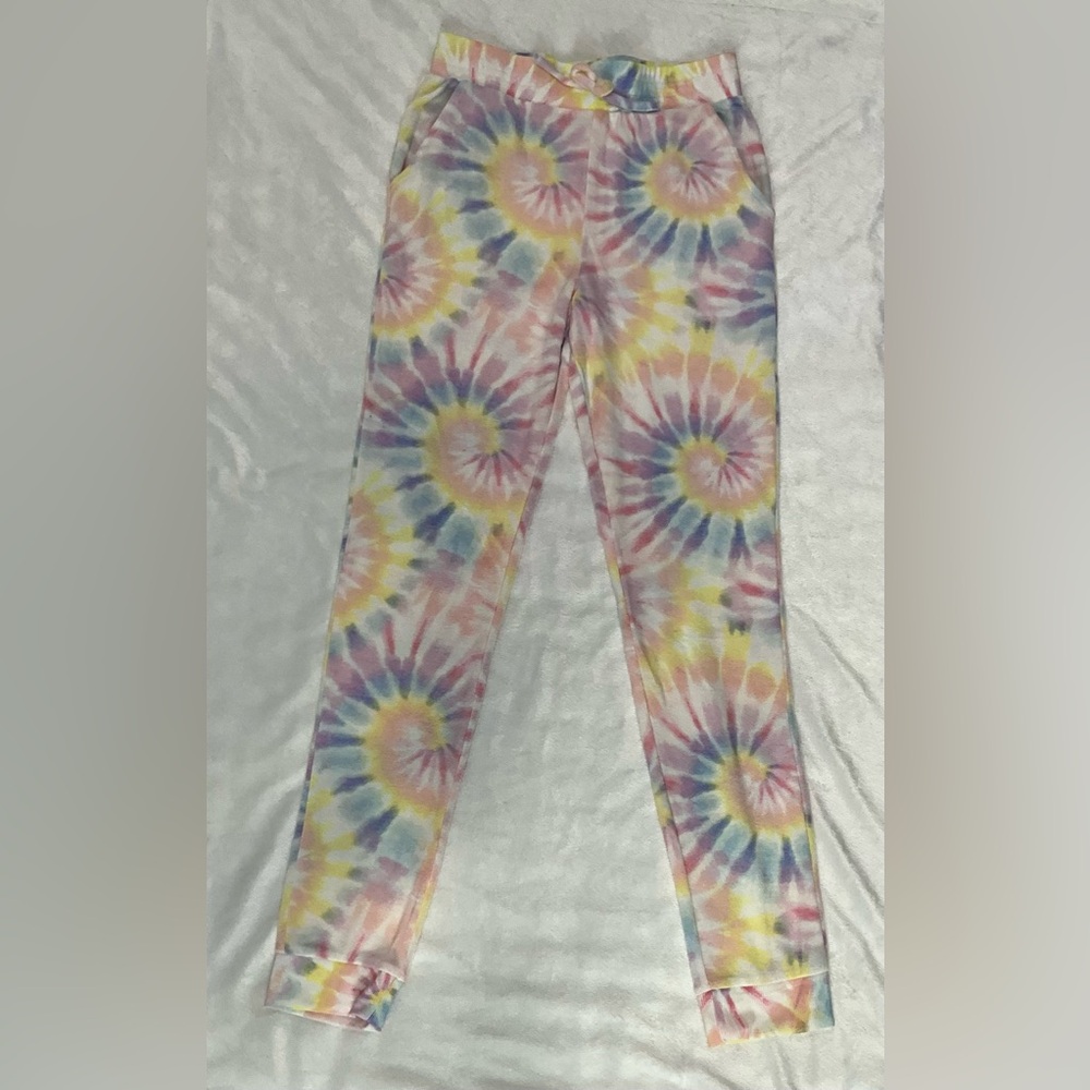 NWOT Love, Fire Pink Blue Yellow Tie Dye Jogging Pants Drawstring Size L